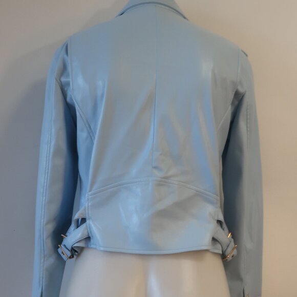 Womens Generation Love "Lindsay" Sky Blue Vegan Leather Moto Jacket M - Picture 7 of 9